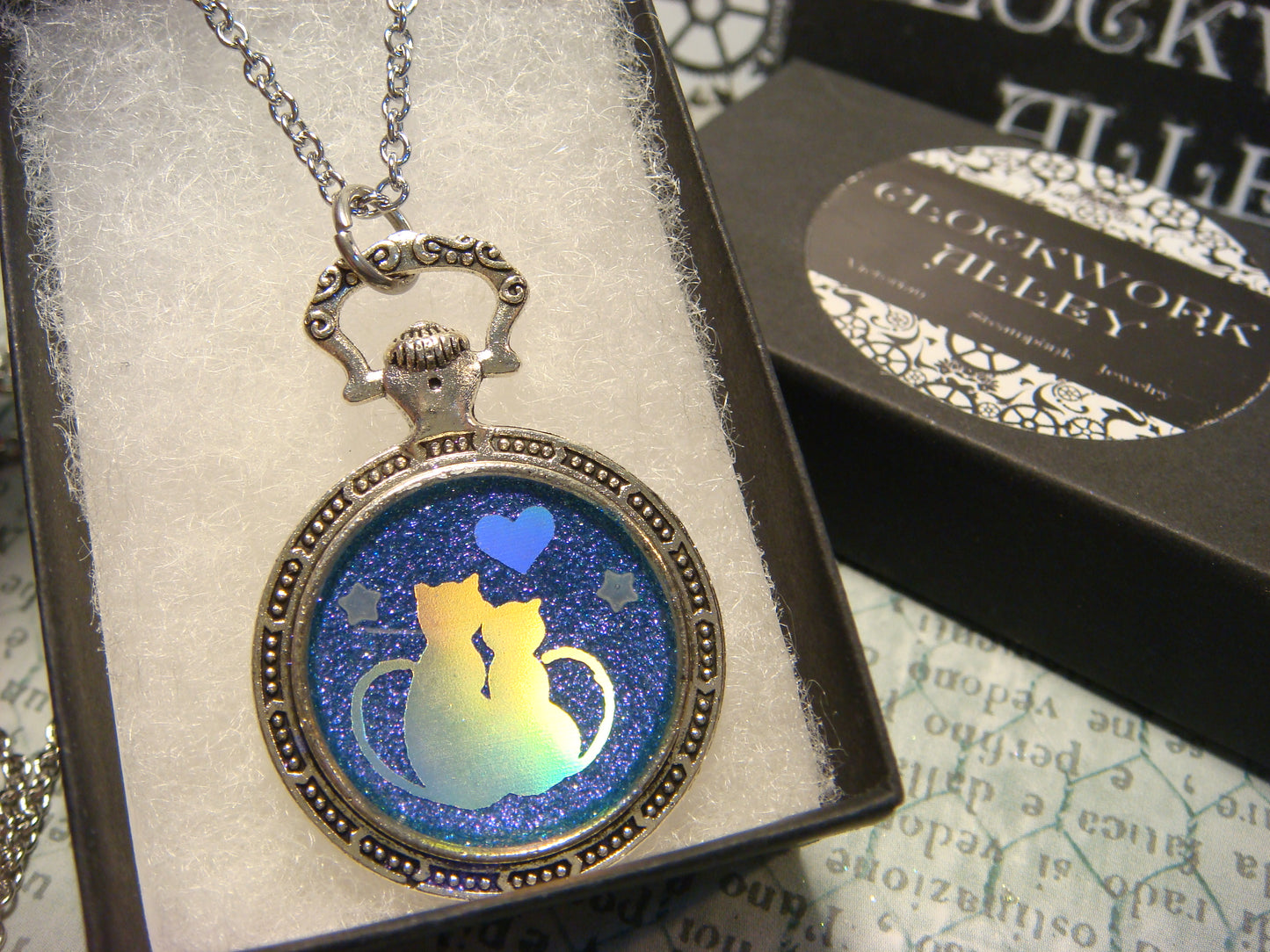 Snuggling Cats with Heart Pocket Watch Pendant Necklace