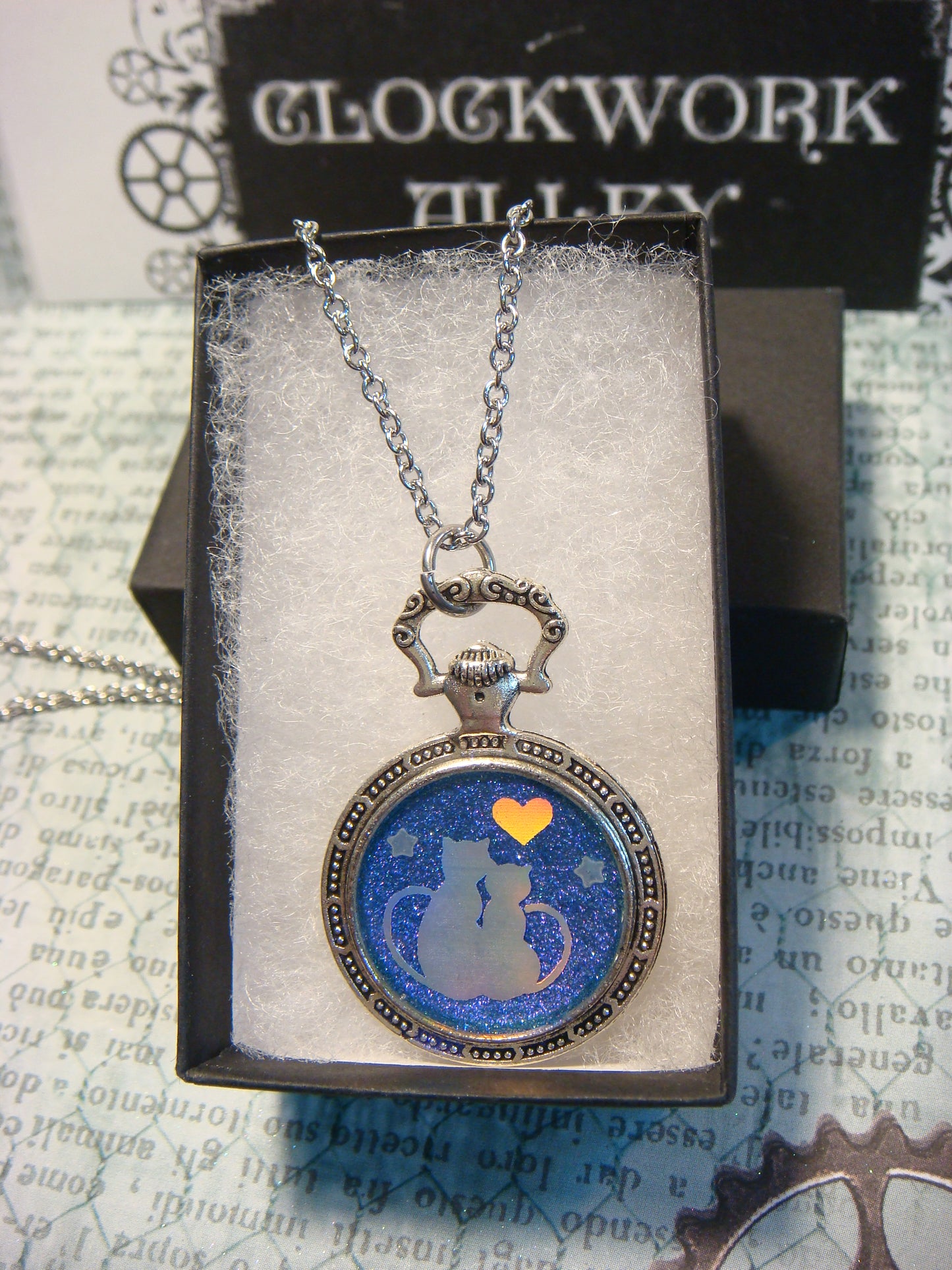 Snuggling Cats with Heart Pocket Watch Pendant Necklace
