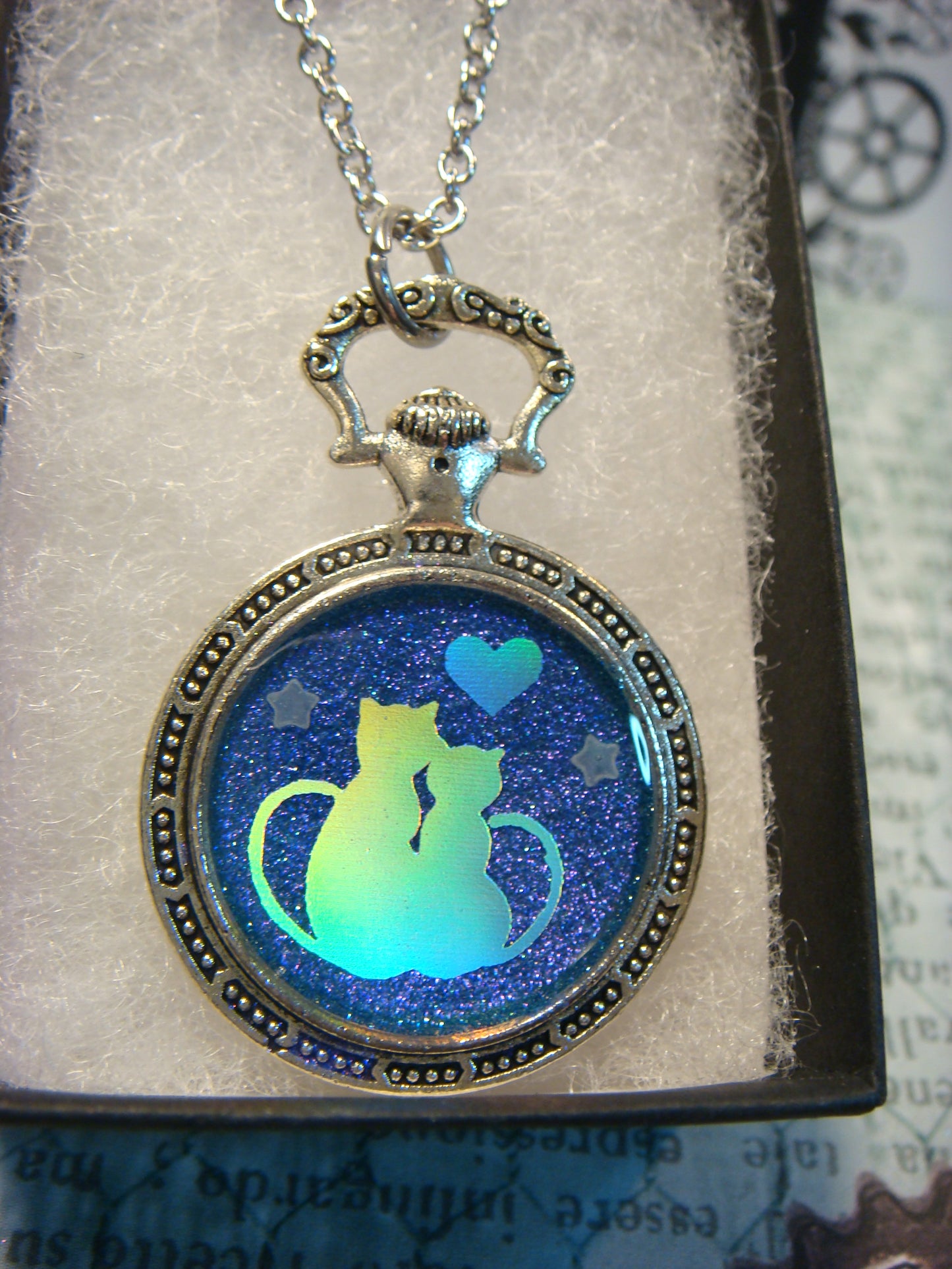Snuggling Cats with Heart Pocket Watch Pendant Necklace