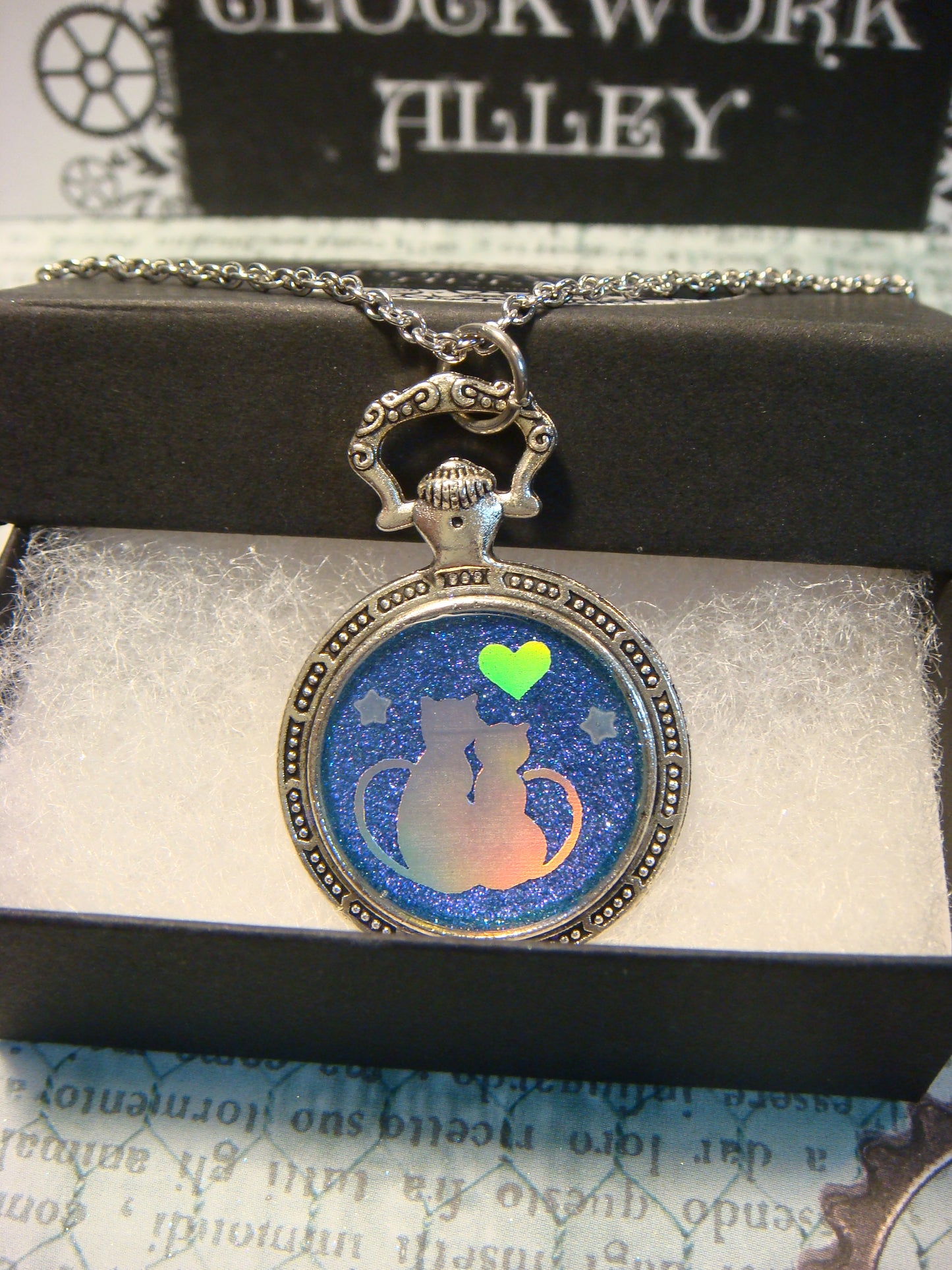 Snuggling Cats with Heart Pocket Watch Pendant Necklace