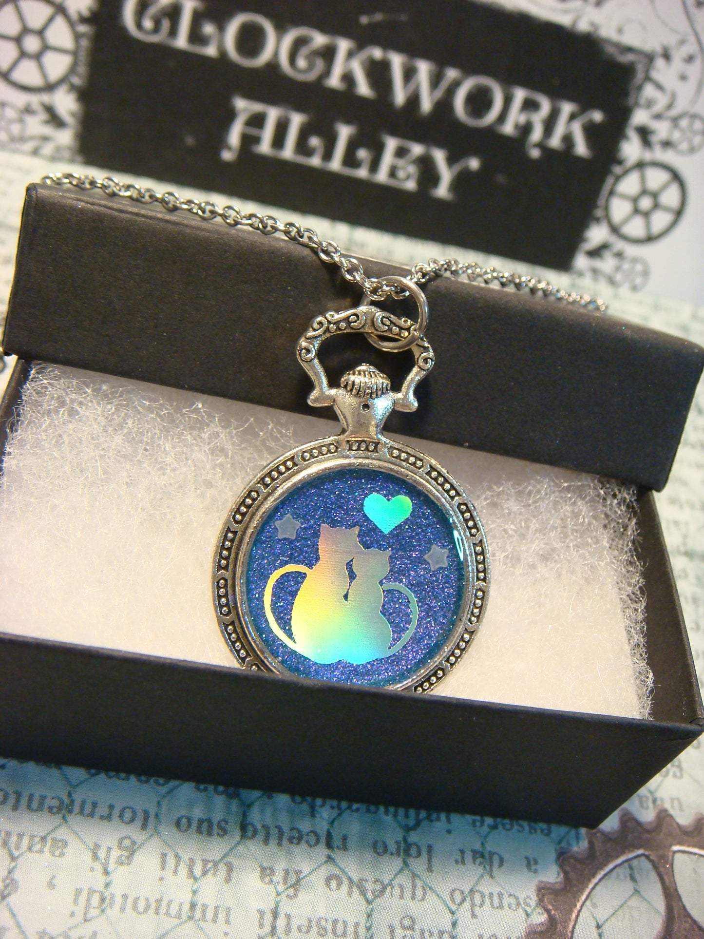 Snuggling Cats with Heart Pocket Watch Pendant Necklace