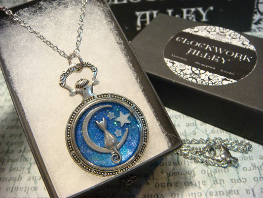 Cat Moon with Glow Stars Pocket Watch Pendant Necklace