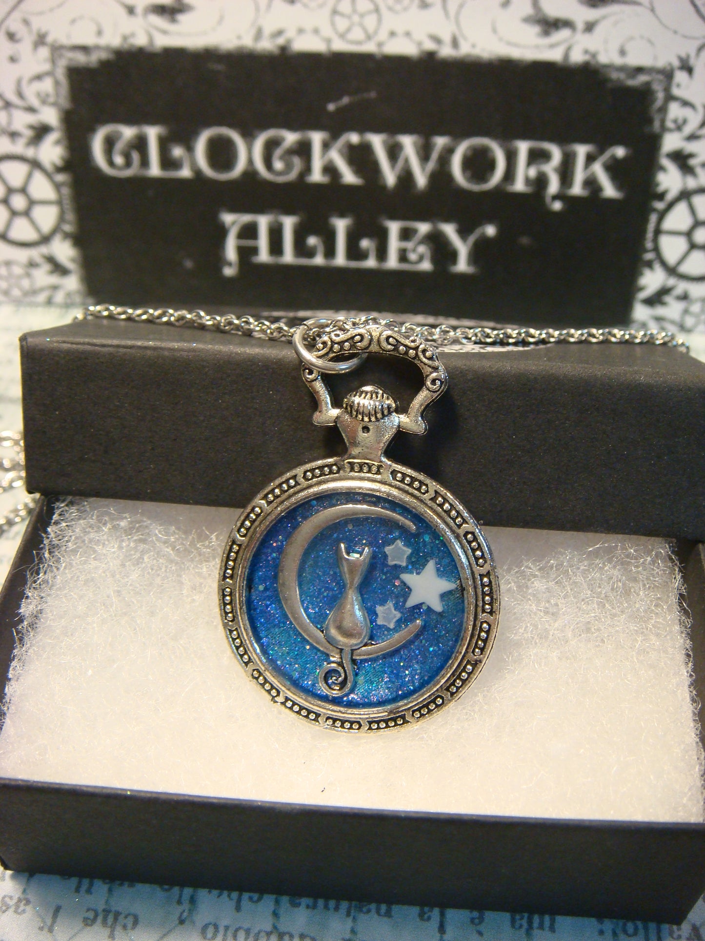 Cat Moon with Glow Stars Pocket Watch Pendant Necklace