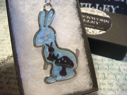 Rabbit with Shrooms Transparent Blue Necklace