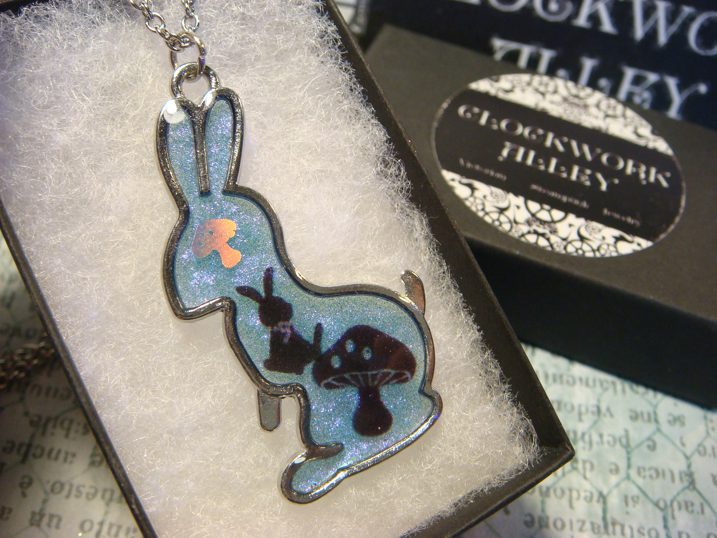 Rabbit with Shrooms Transparent Blue Necklace