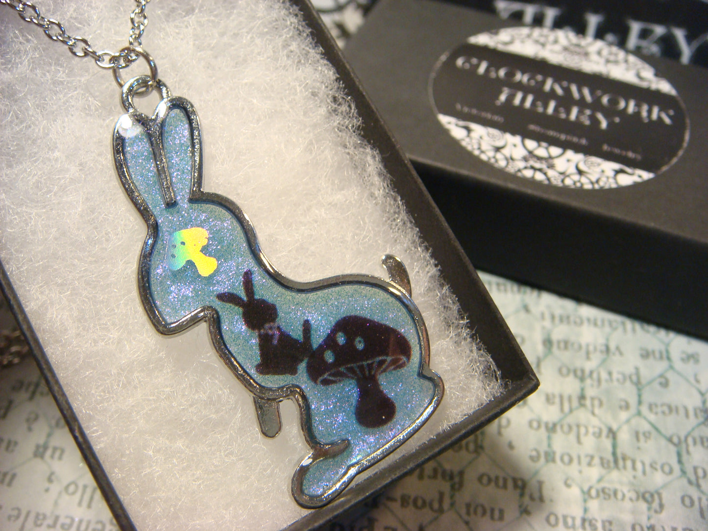 Rabbit with Shrooms Transparent Blue Necklace