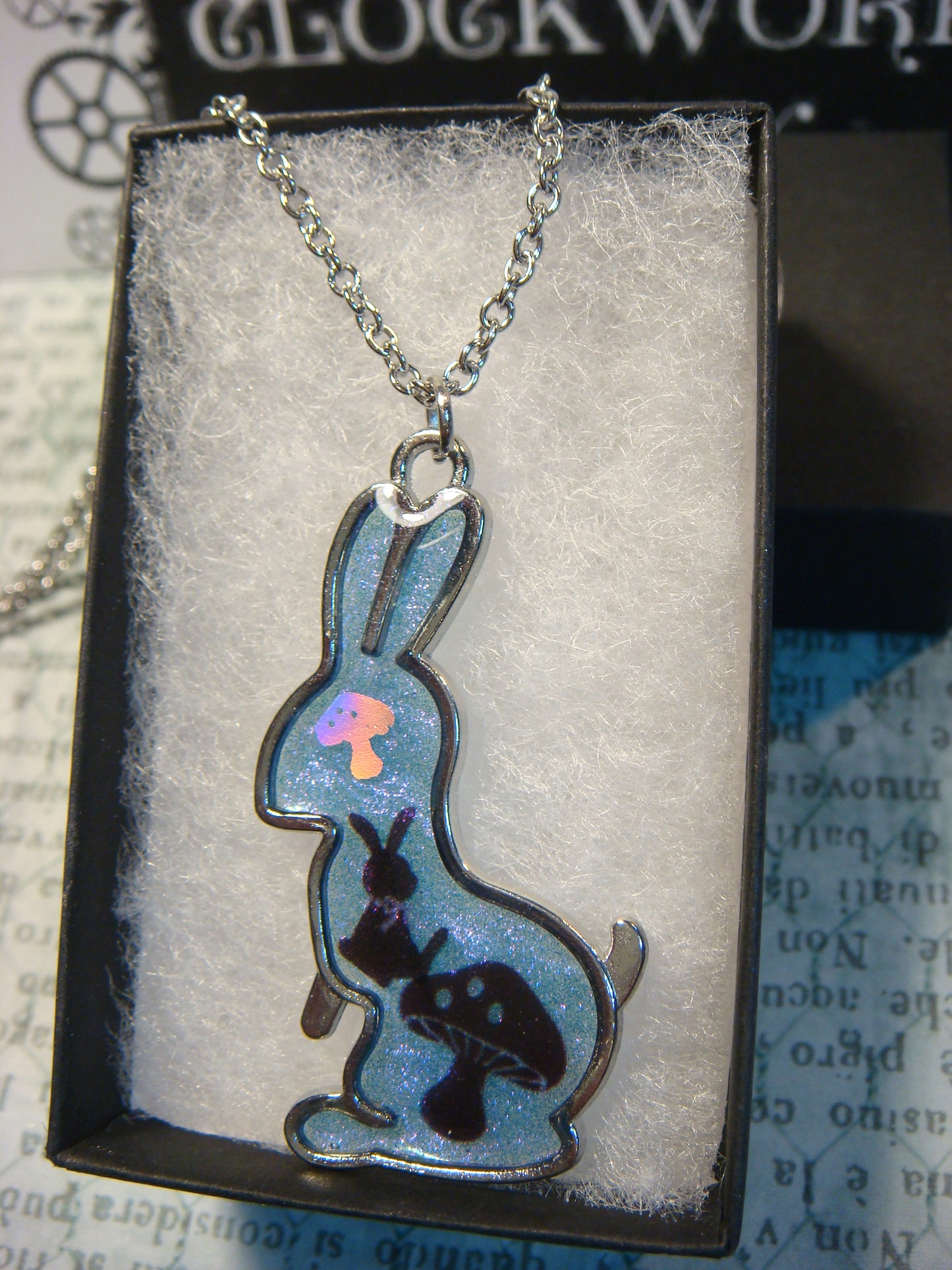 Rabbit with Shrooms Transparent Blue Necklace