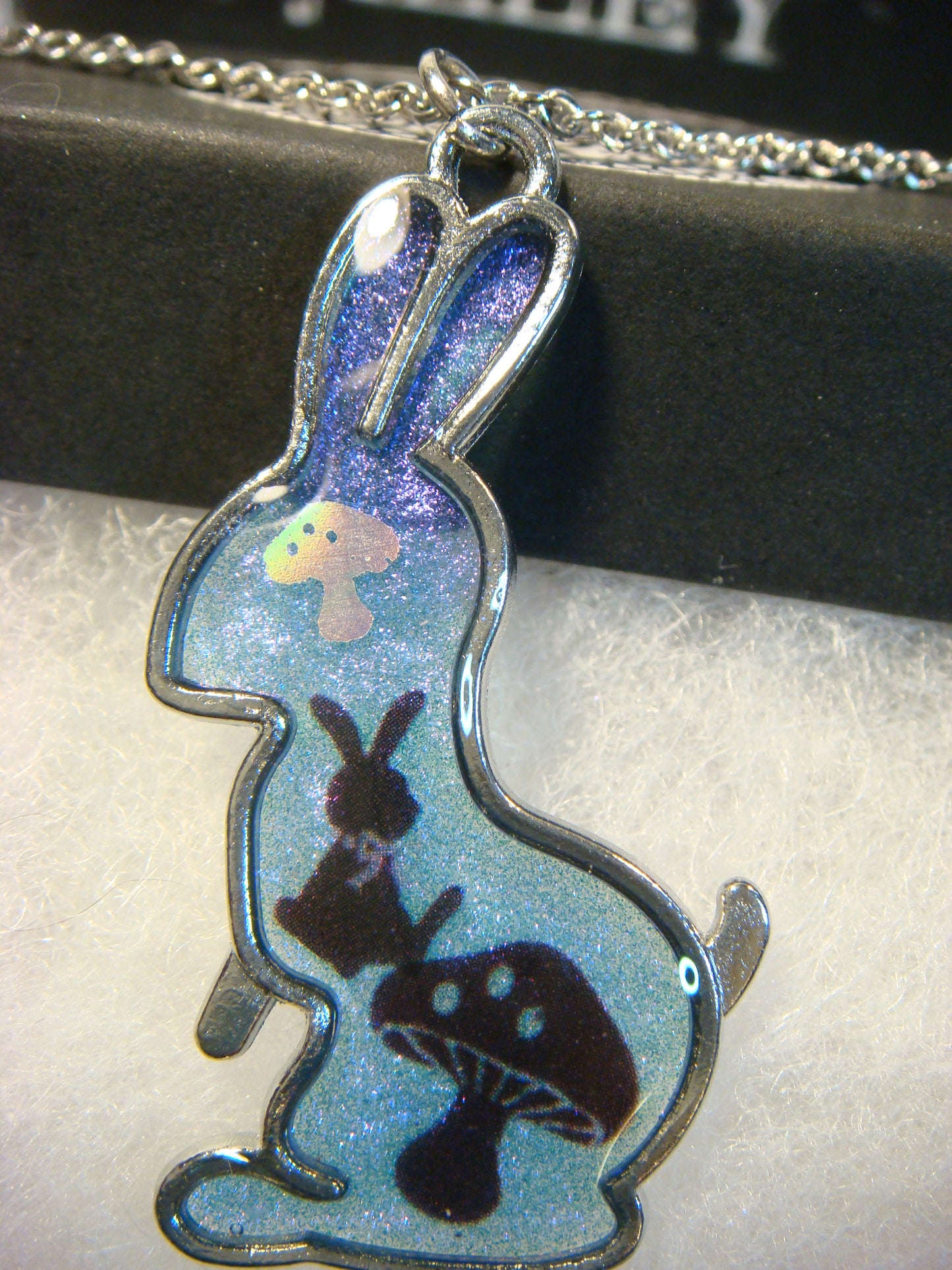 Rabbit with Shrooms Transparent Blue Necklace