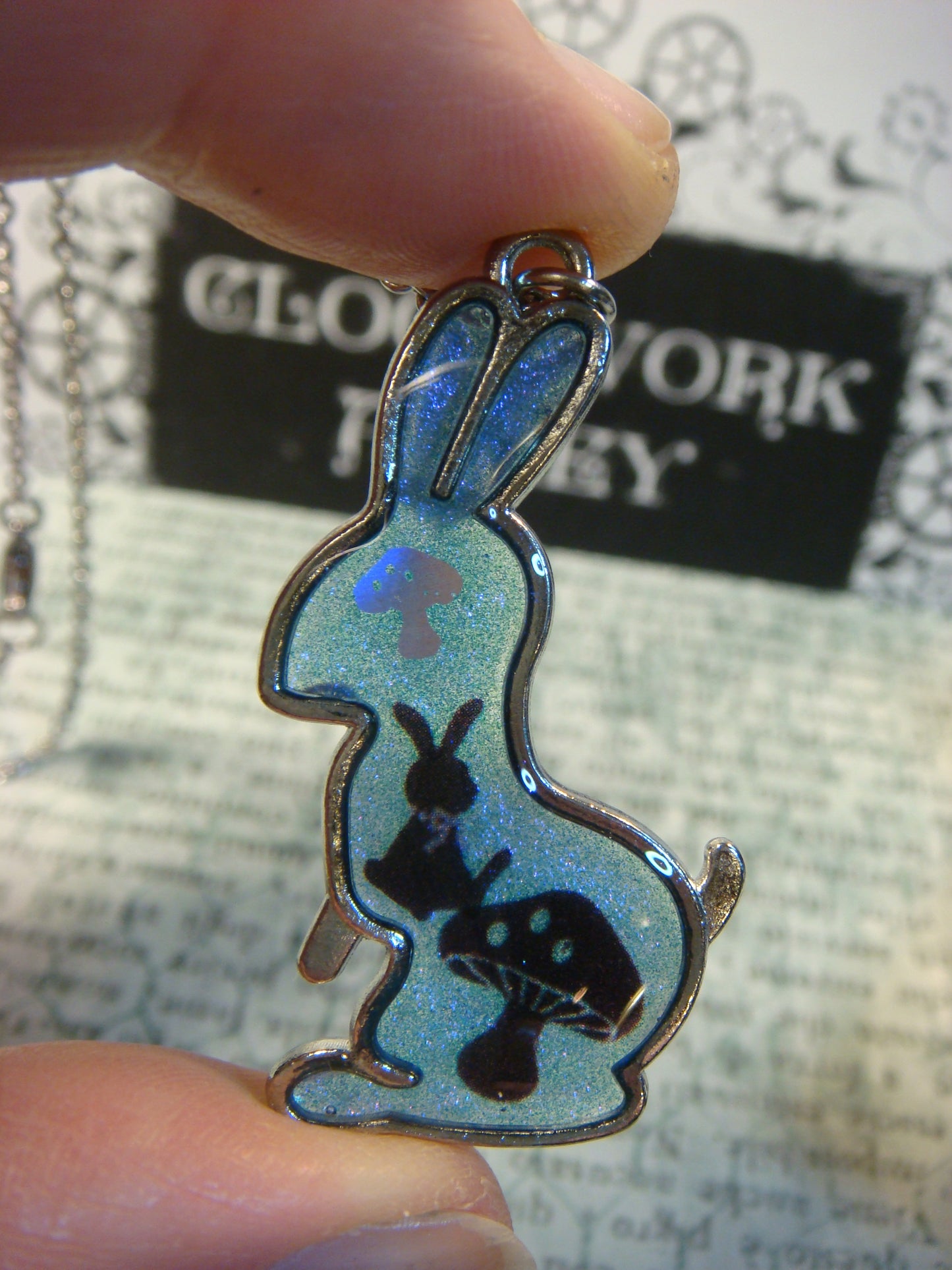 Rabbit with Shrooms Transparent Blue Necklace