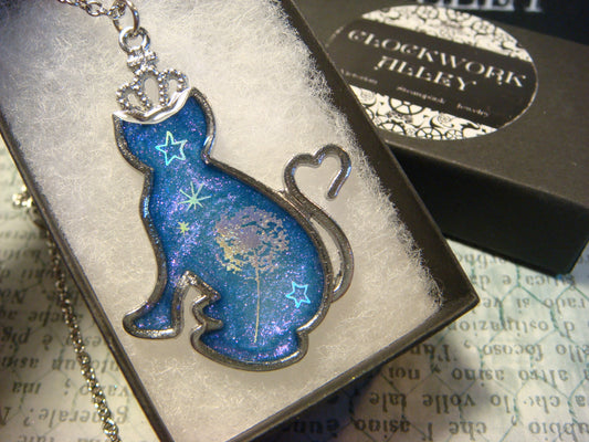 Cat with Tree and Stars Transparent Blue Necklace