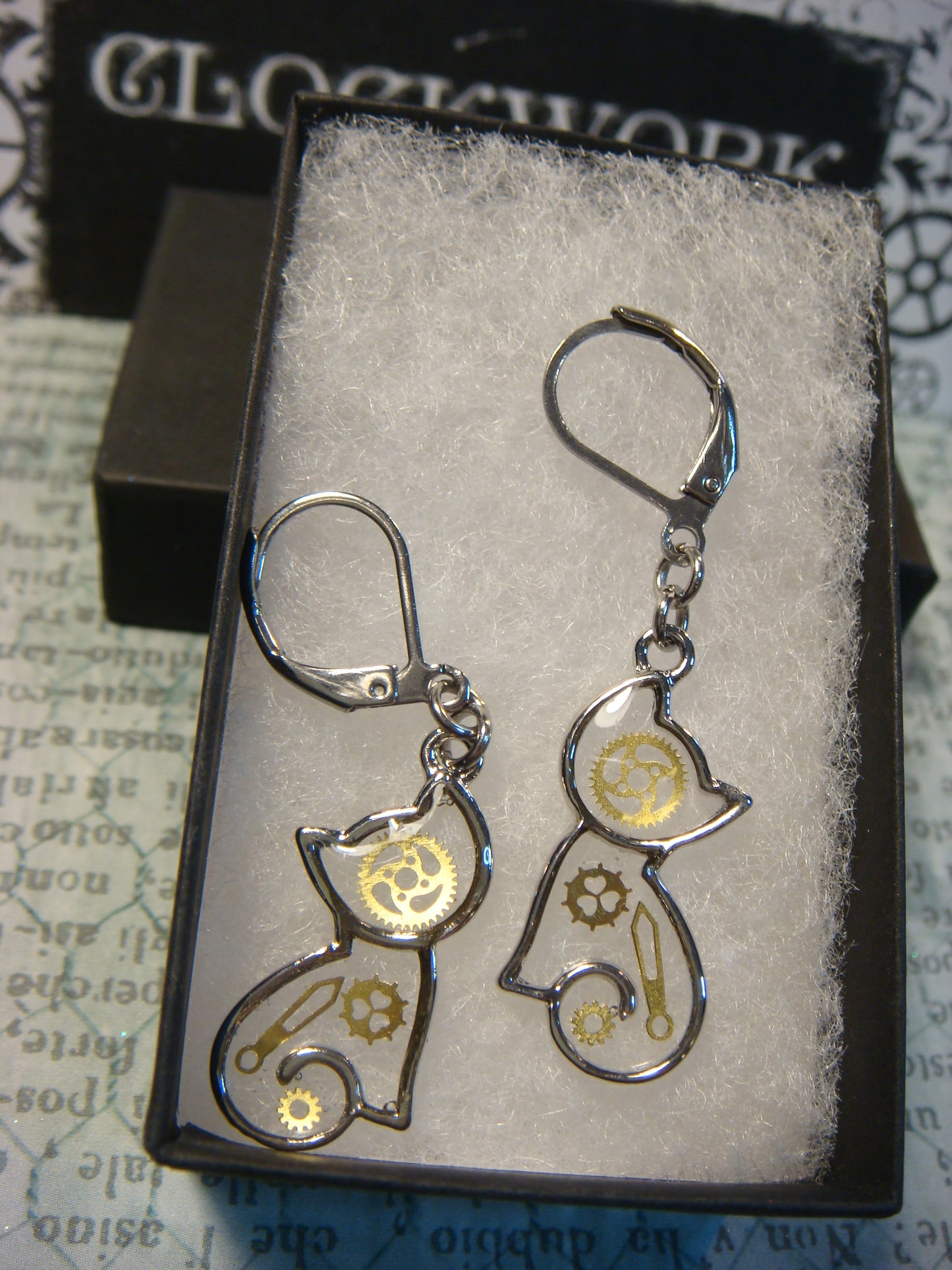 Cat with Gears Transparent Dangle Earrings
