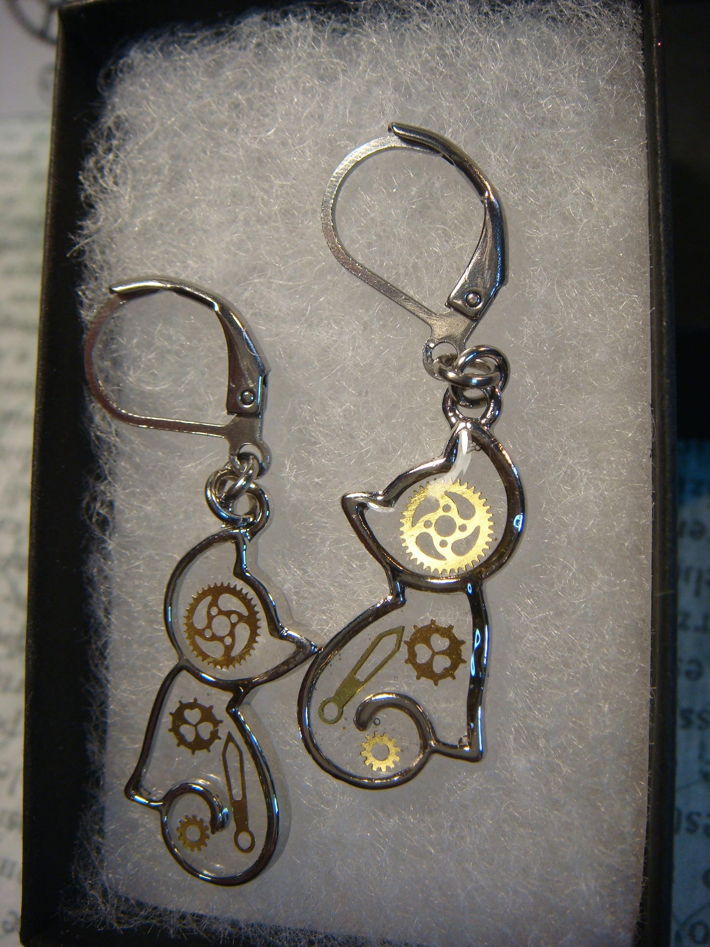 Cat with Gears Transparent Dangle Earrings