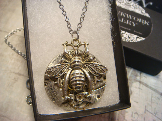 Steampunk Bee Watch Movement Necklace with Exposed Gears