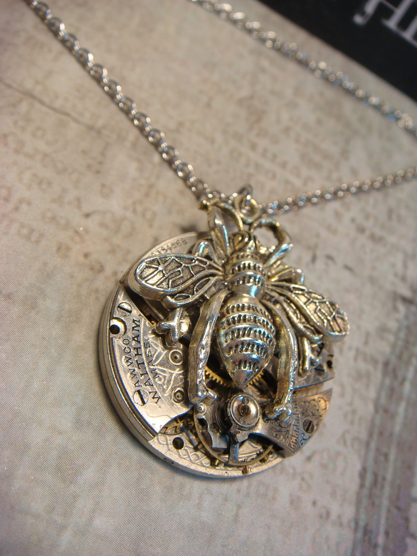 Steampunk Bee Watch Movement Necklace with Exposed Gears
