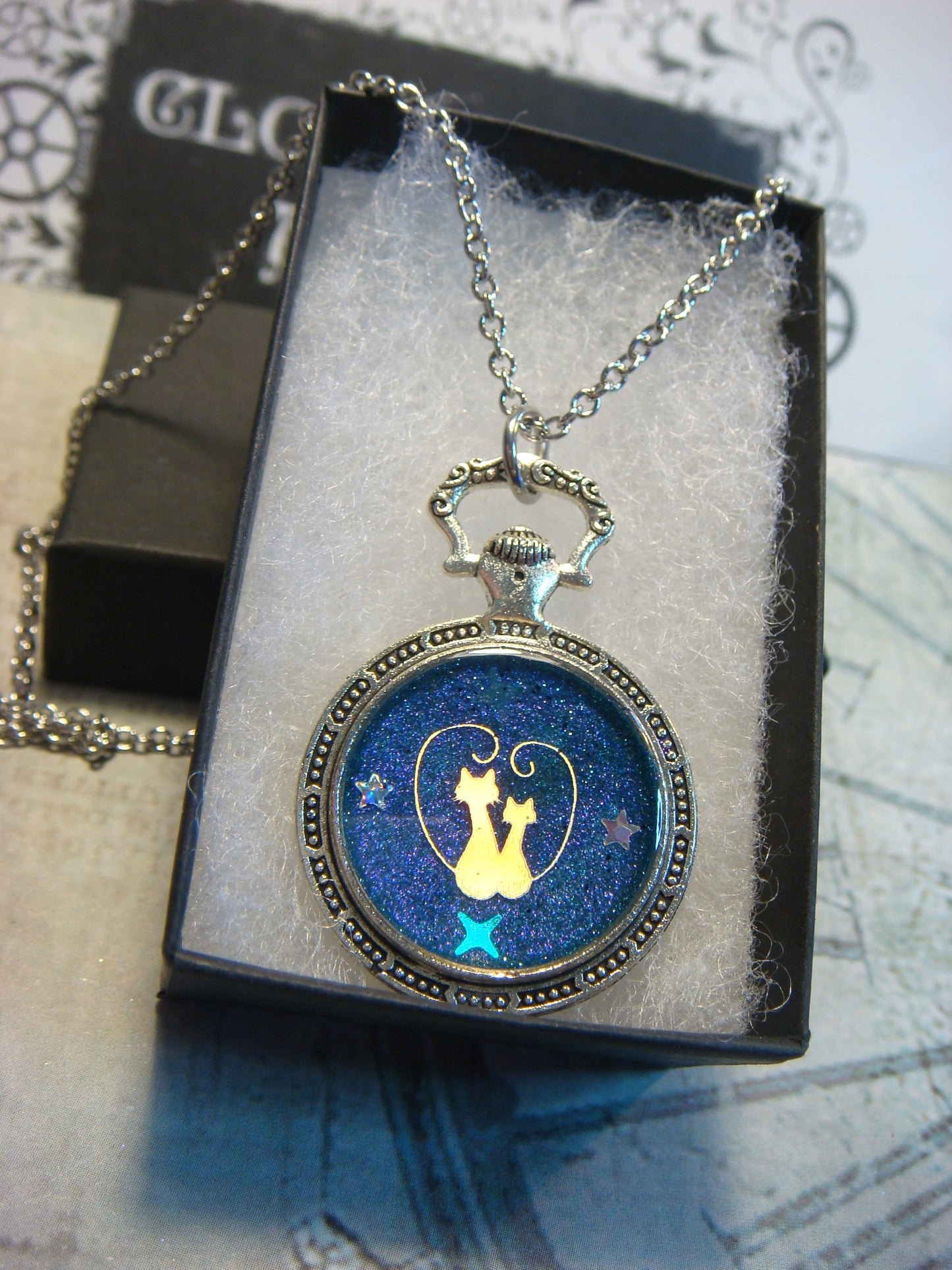 Snuggling Cats in Heart with Stars Pocket Watch Pendant Necklace