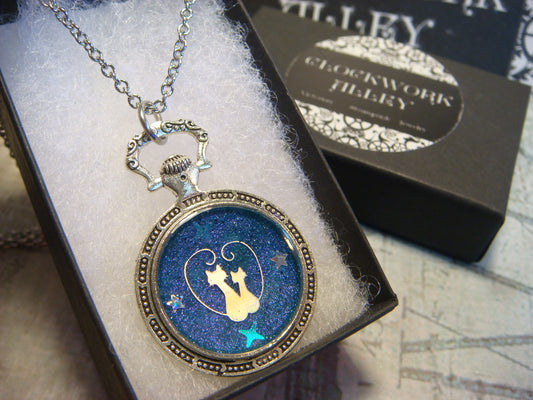 Snuggling Cats in Heart with Stars Pocket Watch Pendant Necklace