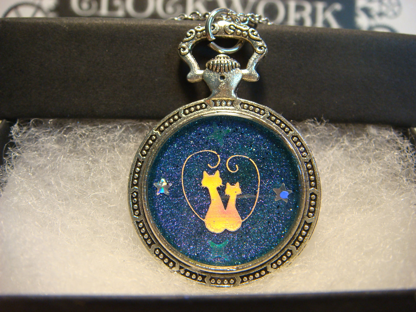 Snuggling Cats in Heart with Stars Pocket Watch Pendant Necklace