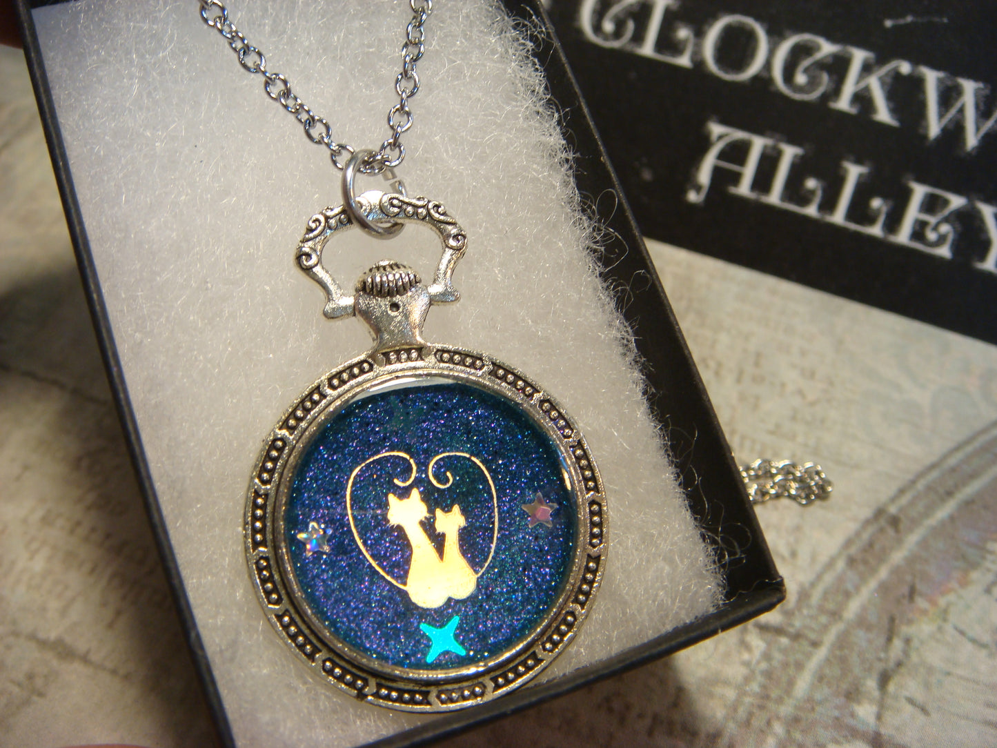 Snuggling Cats in Heart with Stars Pocket Watch Pendant Necklace