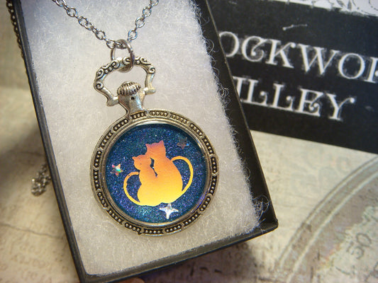 Snuggling Cats with Stars Pocket Watch Pendant Necklace