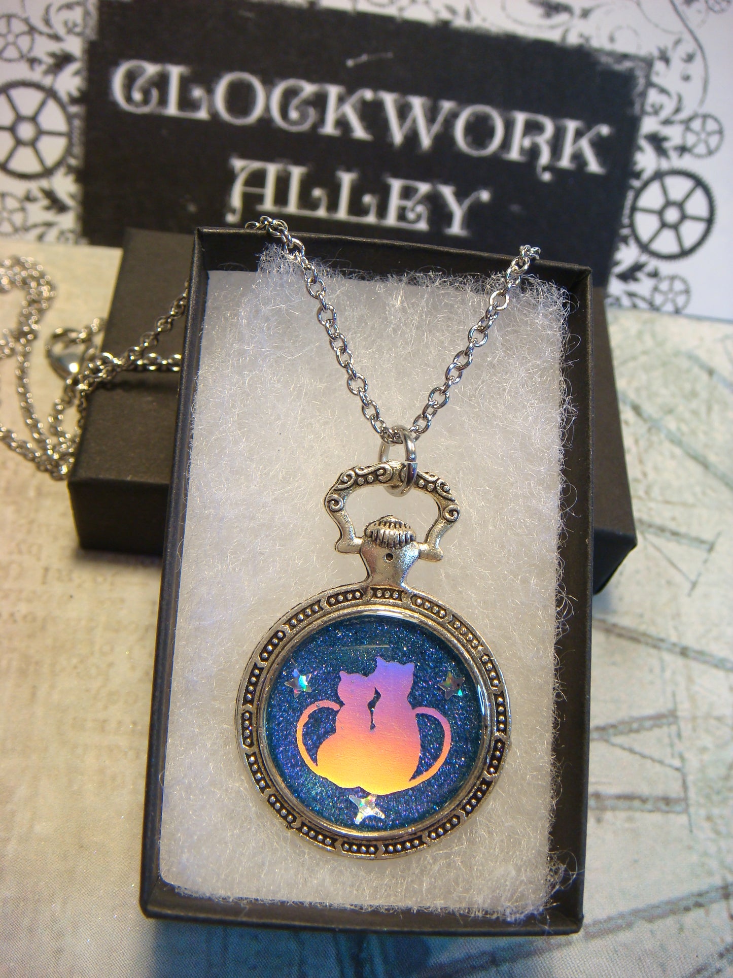 Snuggling Cats with Stars Pocket Watch Pendant Necklace