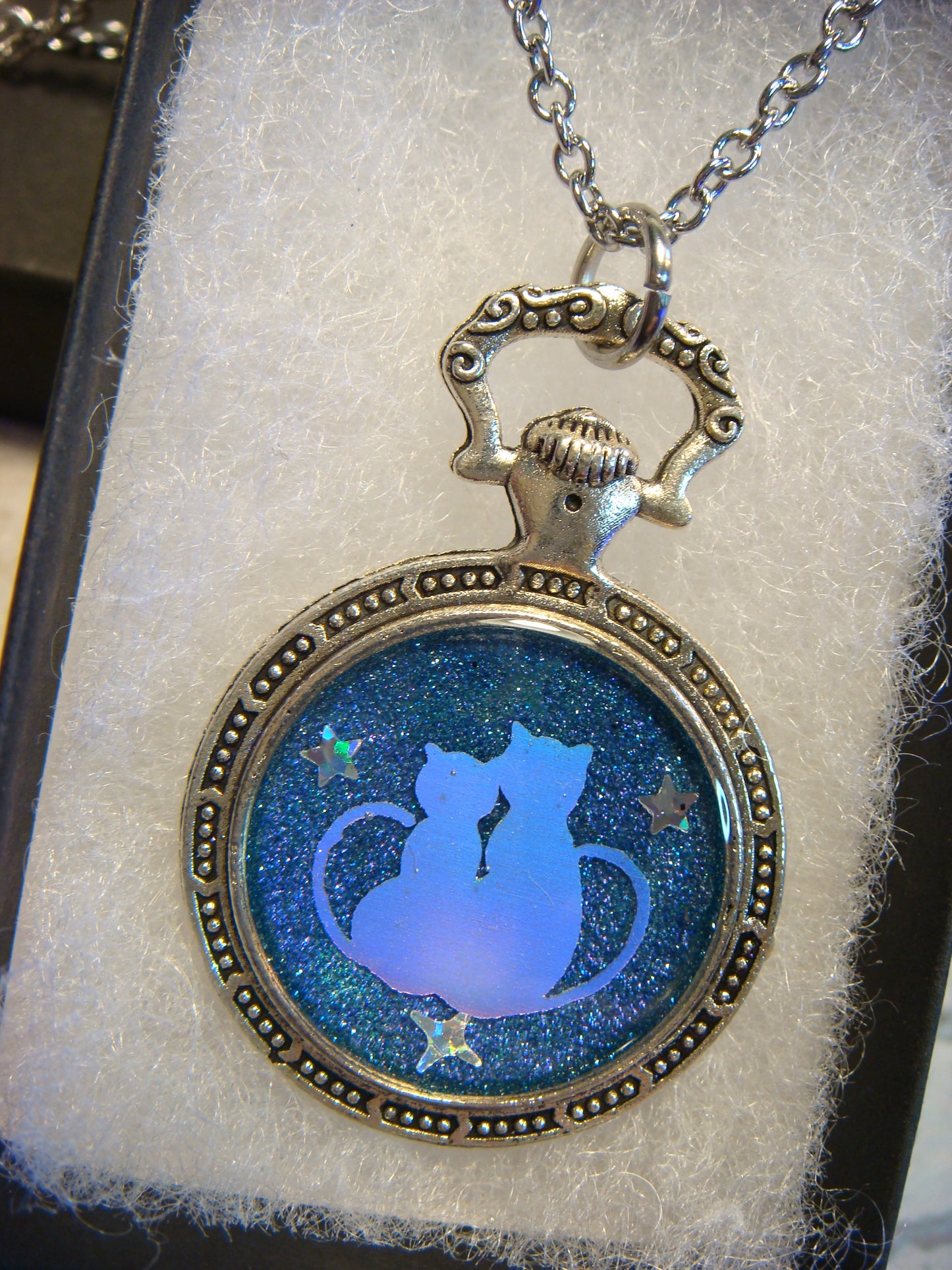 Snuggling Cats with Stars Pocket Watch Pendant Necklace