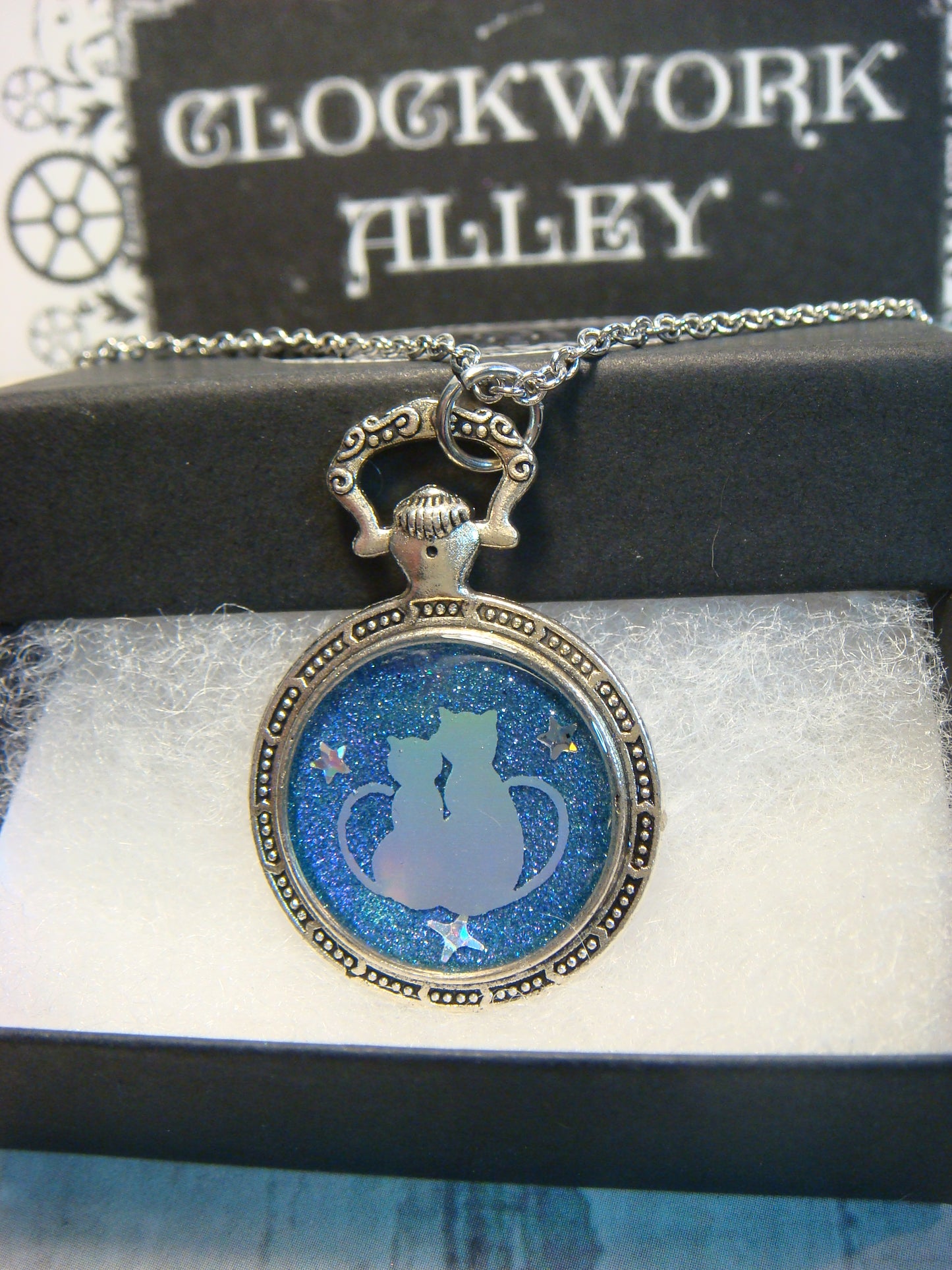 Snuggling Cats with Stars Pocket Watch Pendant Necklace