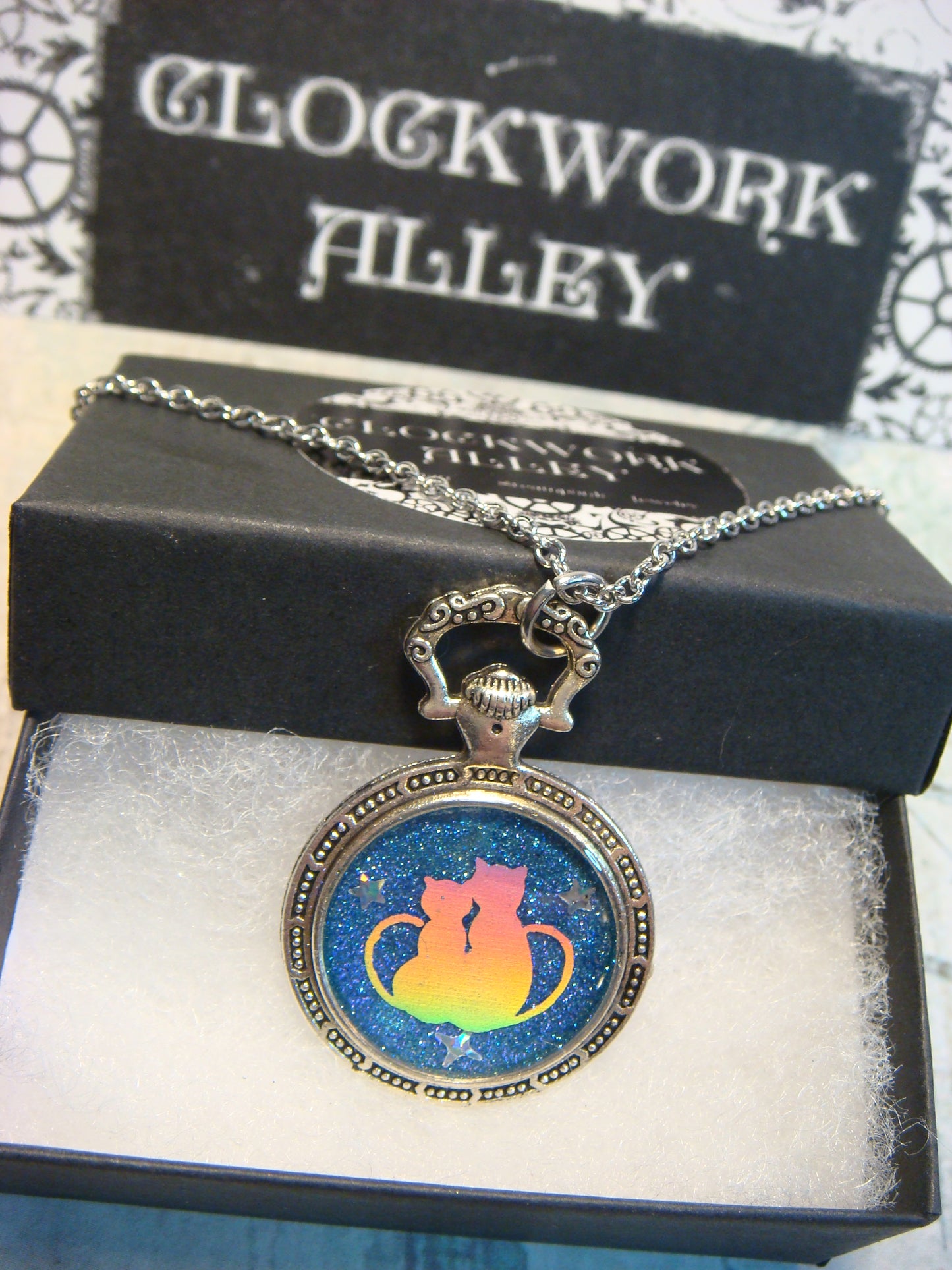 Snuggling Cats with Stars Pocket Watch Pendant Necklace