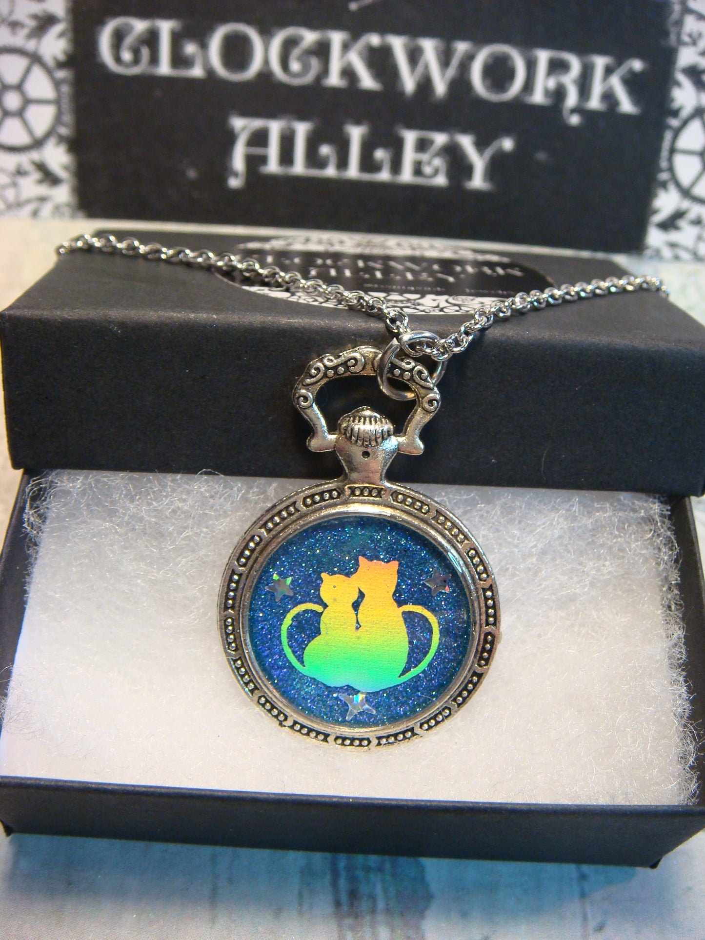 Snuggling Cats with Stars Pocket Watch Pendant Necklace