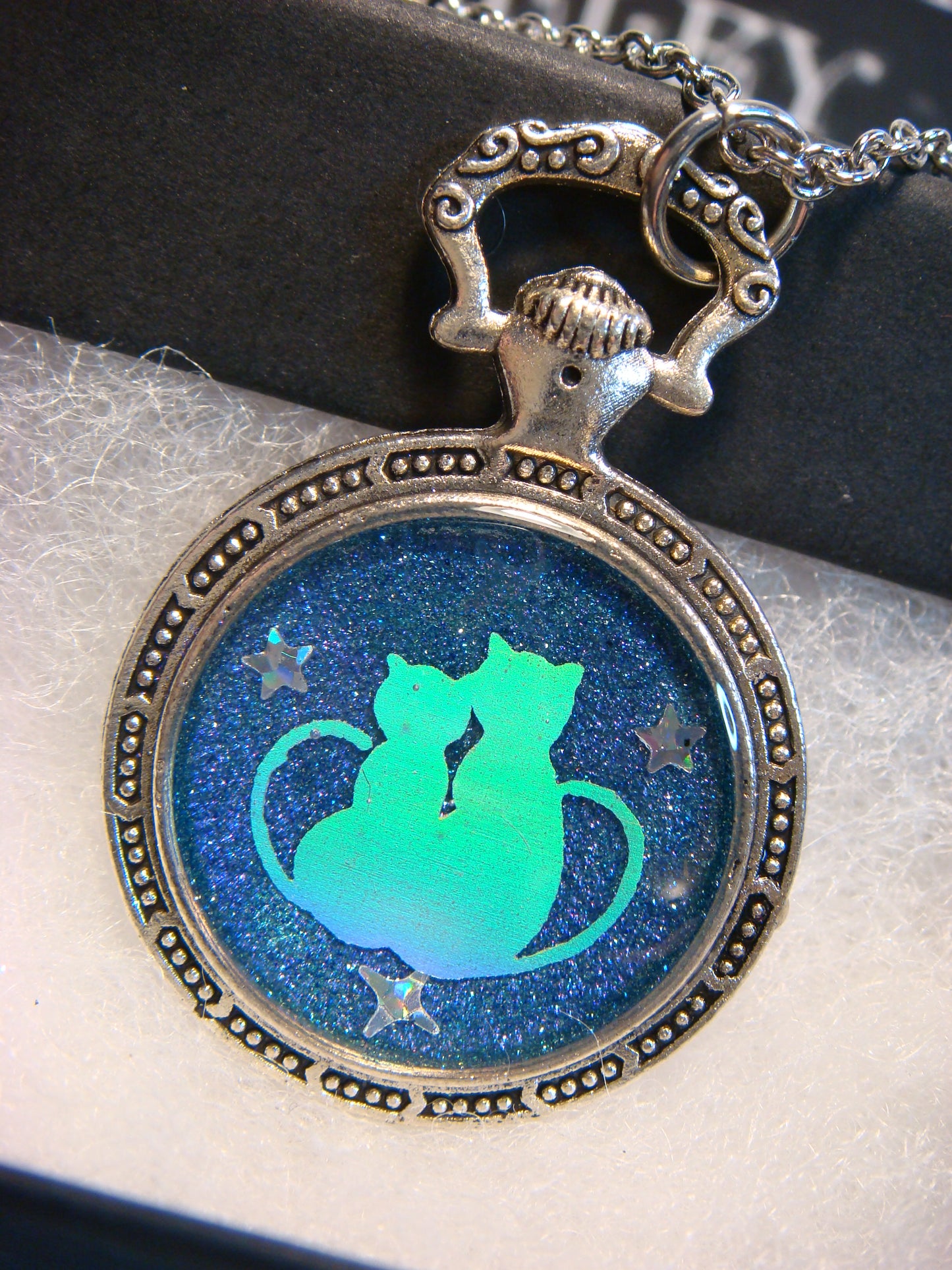 Snuggling Cats with Stars Pocket Watch Pendant Necklace