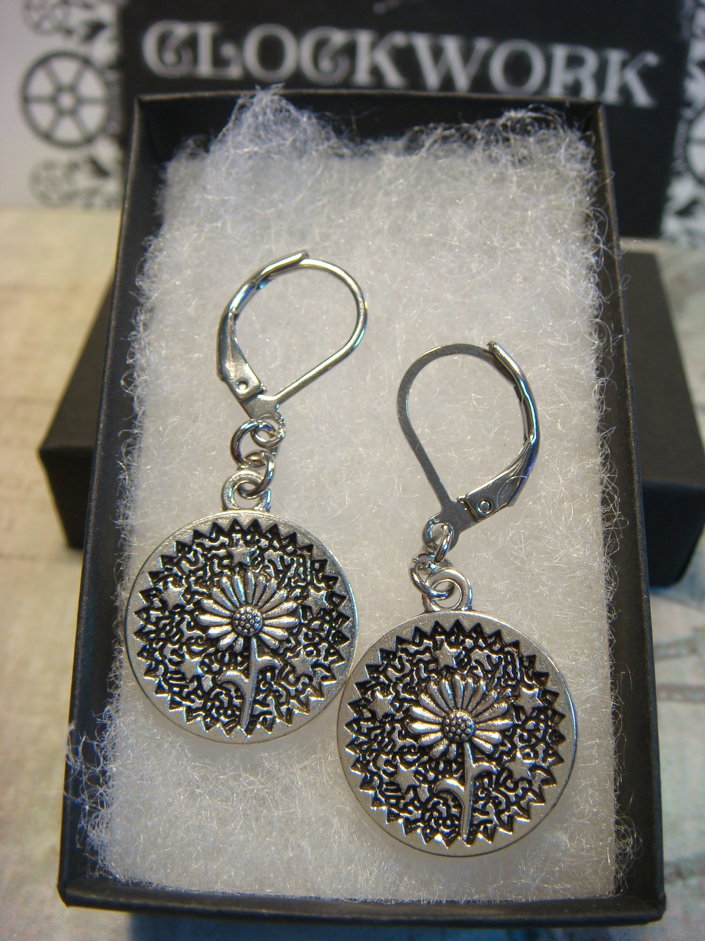 Sunflower Circle Dangle Earrings in Antique Silver