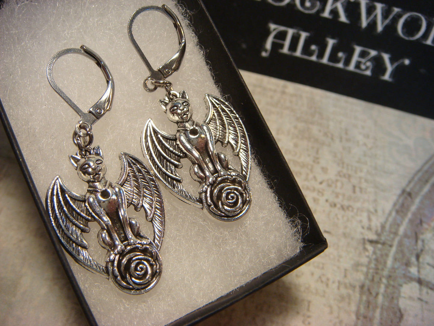 Gargoyle Cat with Wings Dangle Earrings in Antique Silver