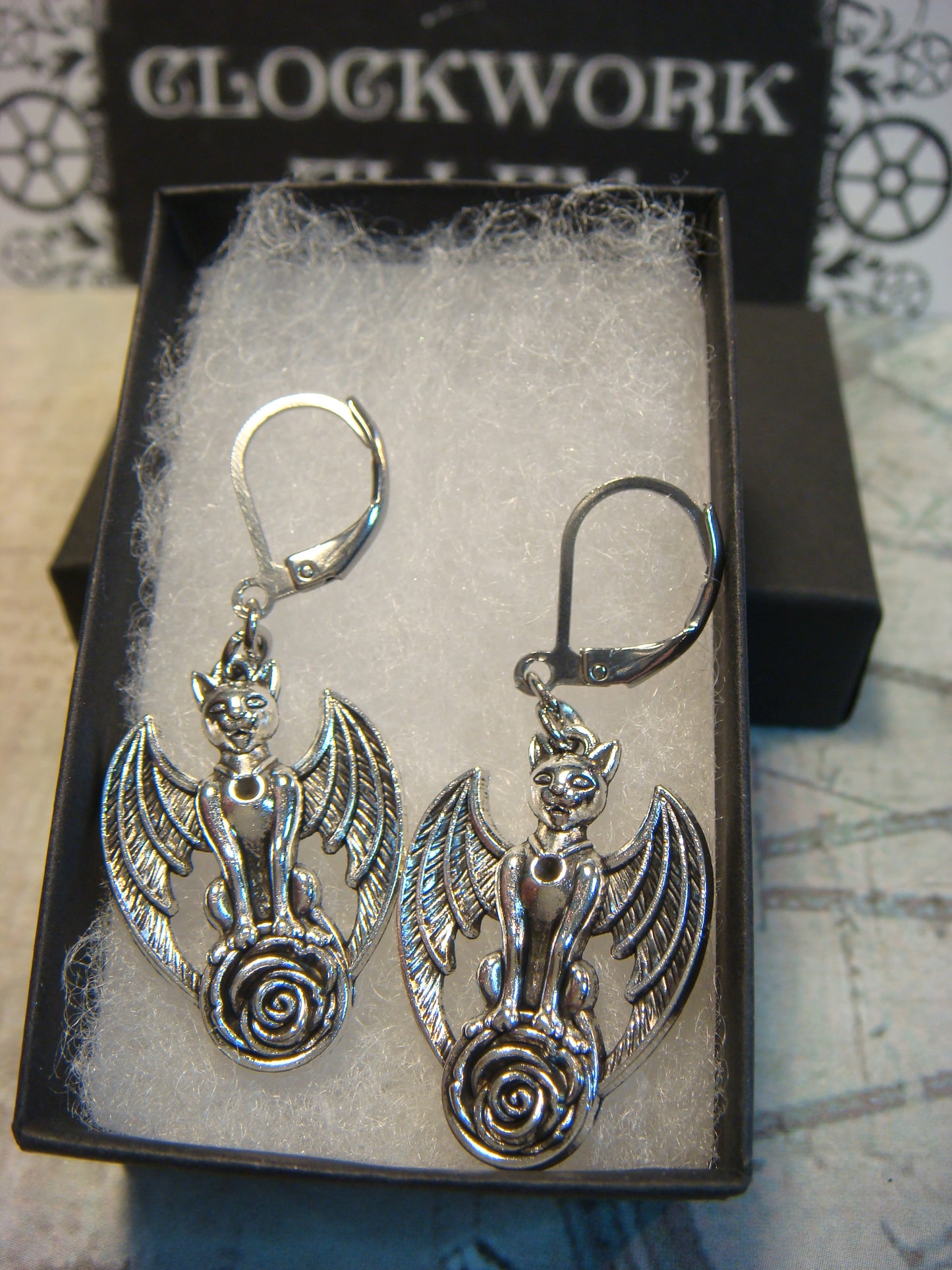 Gargoyle Cat with Wings Dangle Earrings in Antique Silver