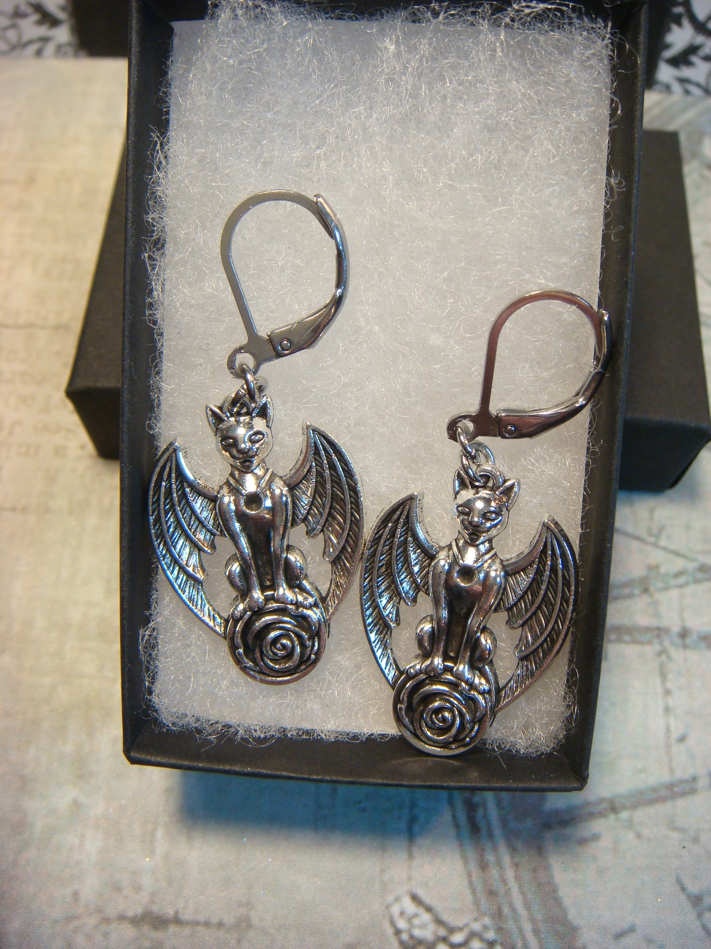 Gargoyle Cat with Wings Dangle Earrings in Antique Silver