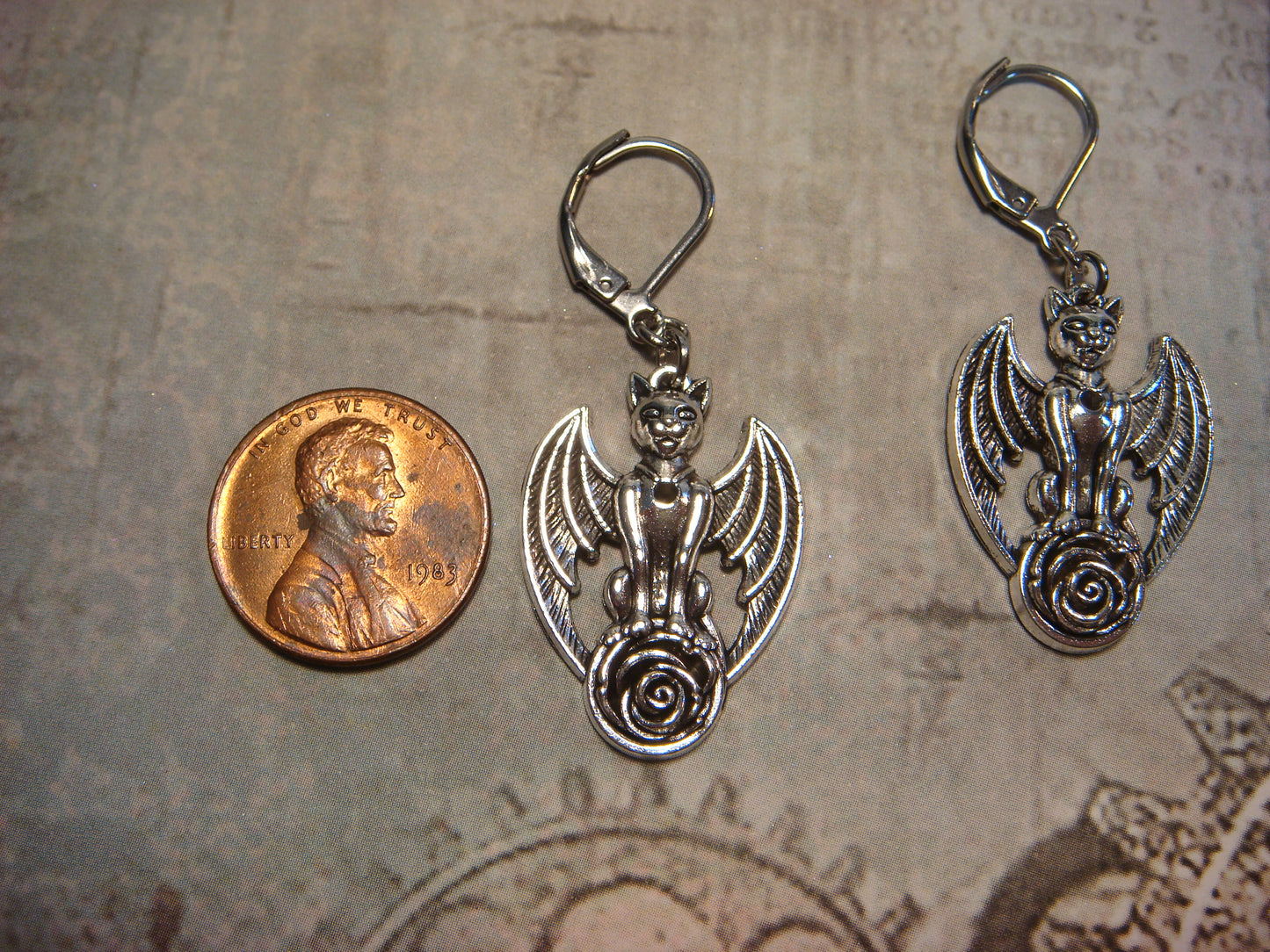 Gargoyle Cat with Wings Dangle Earrings in Antique Silver
