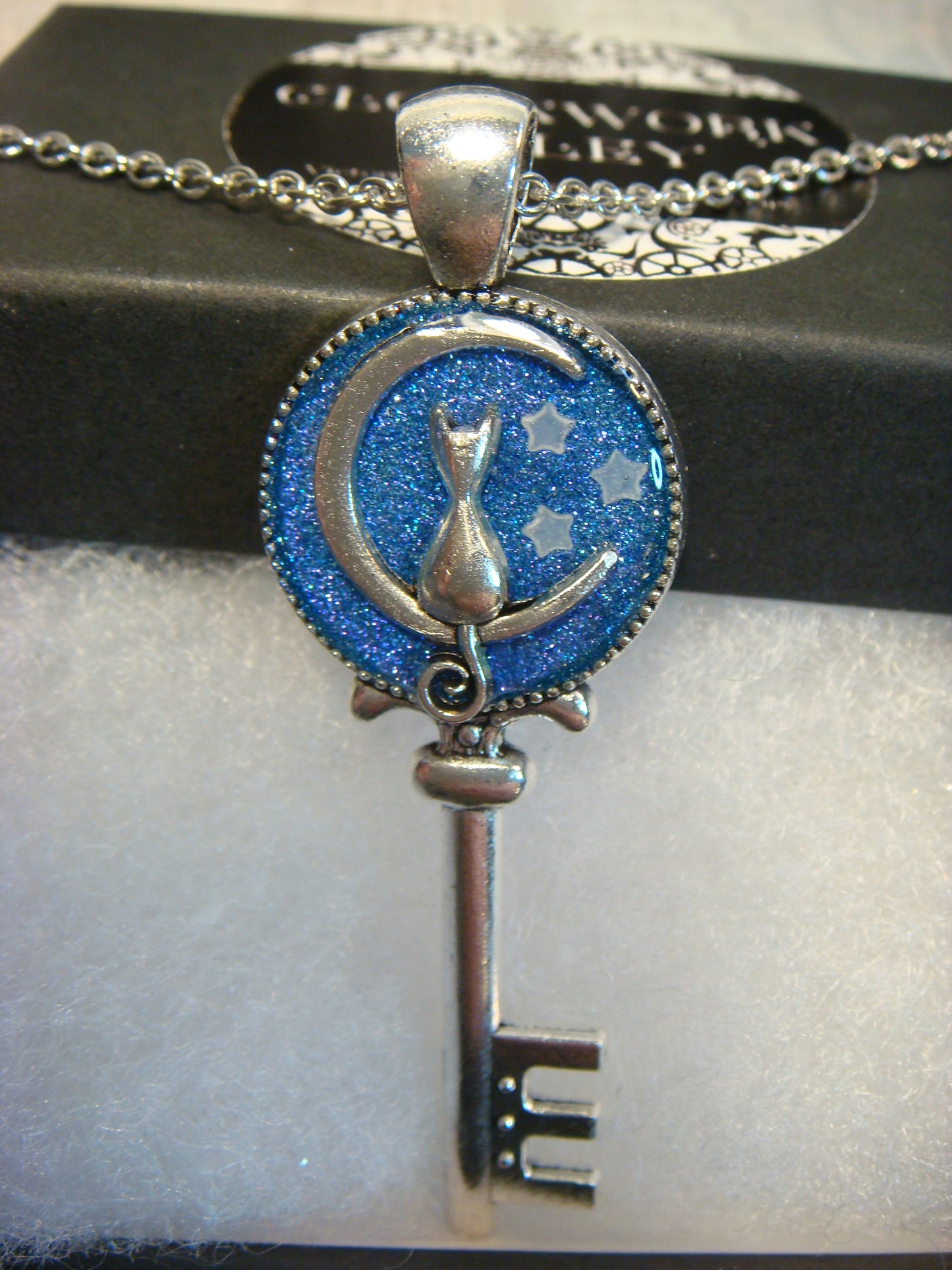 Cat Moon with Glow Stars Key Necklace