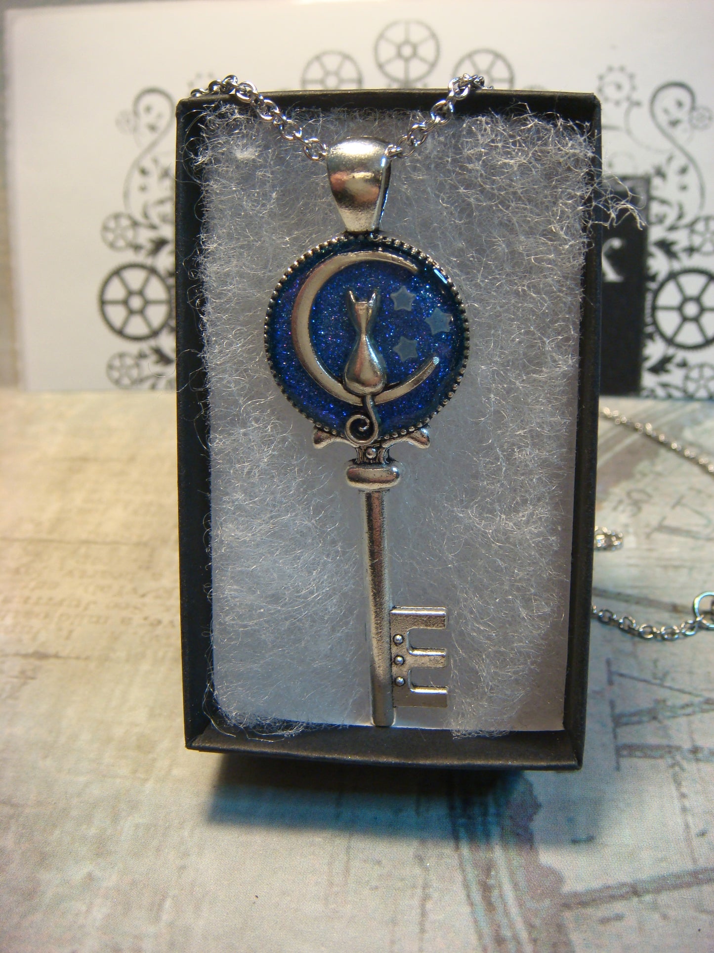 Cat Moon with Glow Stars Key Necklace