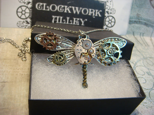 Steampunk Dragonfly Watch Movement Necklace with Exposed Gears