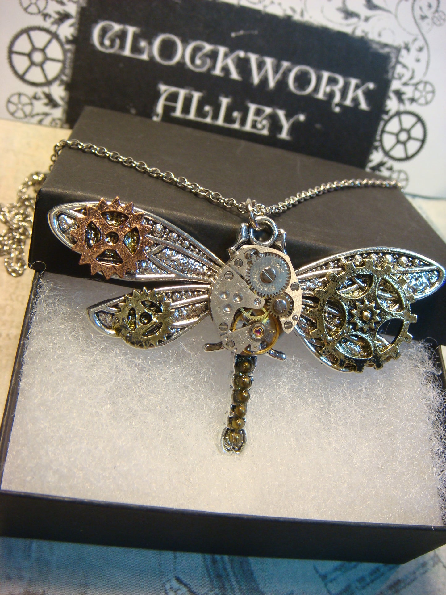 Steampunk Dragonfly Watch Movement Necklace with Exposed Gears