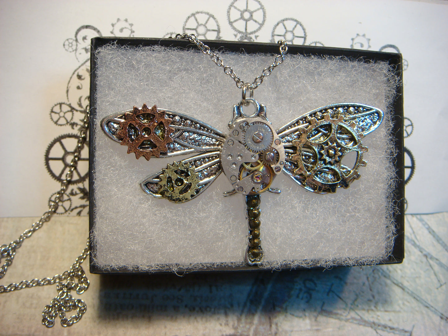 Steampunk Dragonfly Watch Movement Necklace with Exposed Gears