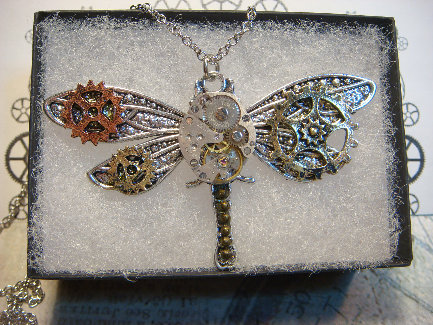Steampunk Dragonfly Watch Movement Necklace with Exposed Gears