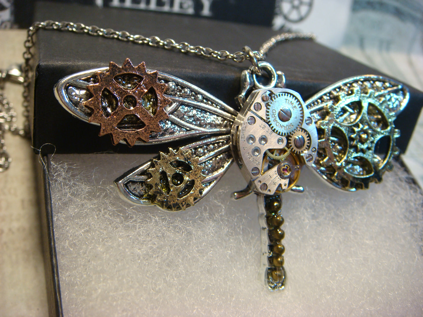 Steampunk Dragonfly Watch Movement Necklace with Exposed Gears