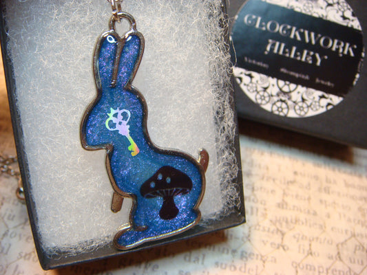 Rabbit with Key and Shroom Transparent Blue Necklace
