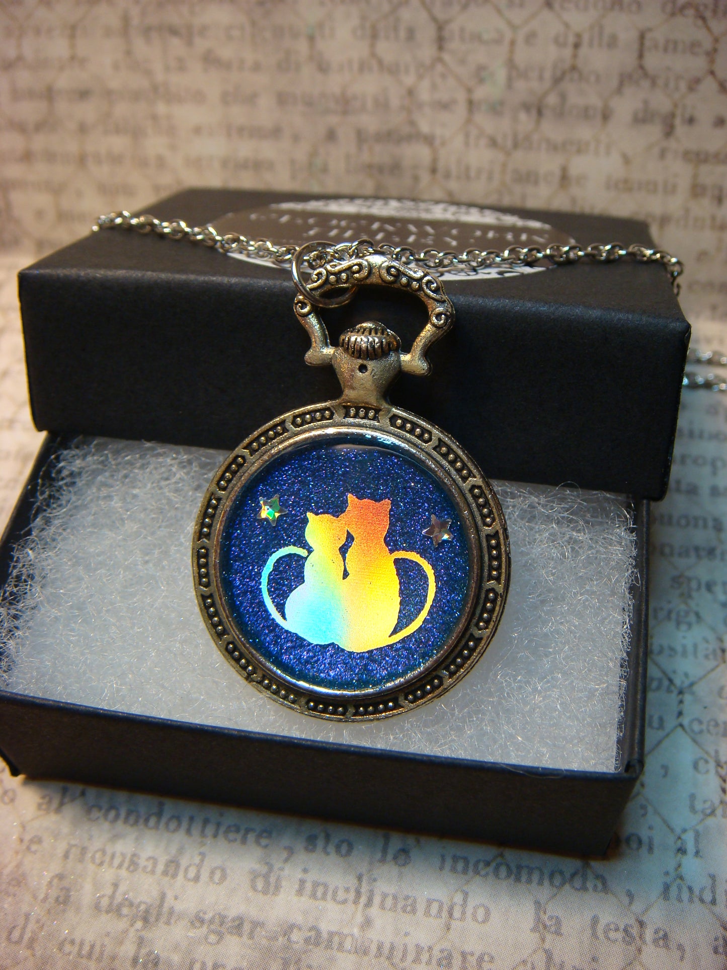 Snuggling Cats with Stars Pocket Watch Pendant Necklace