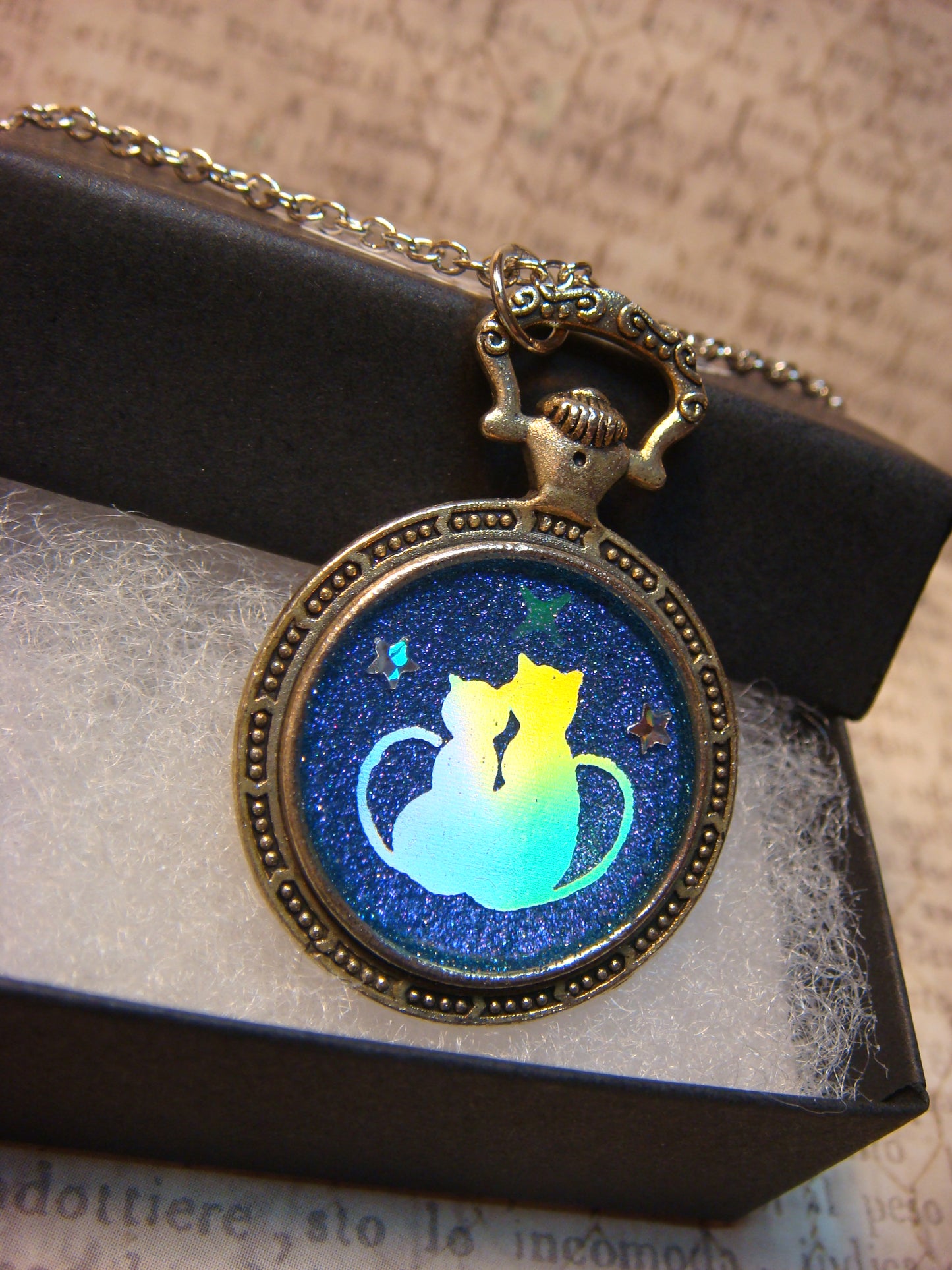Snuggling Cats with Stars Pocket Watch Pendant Necklace