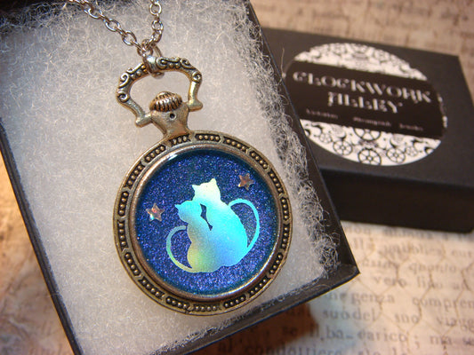 Snuggling Cats with Stars Pocket Watch Pendant Necklace