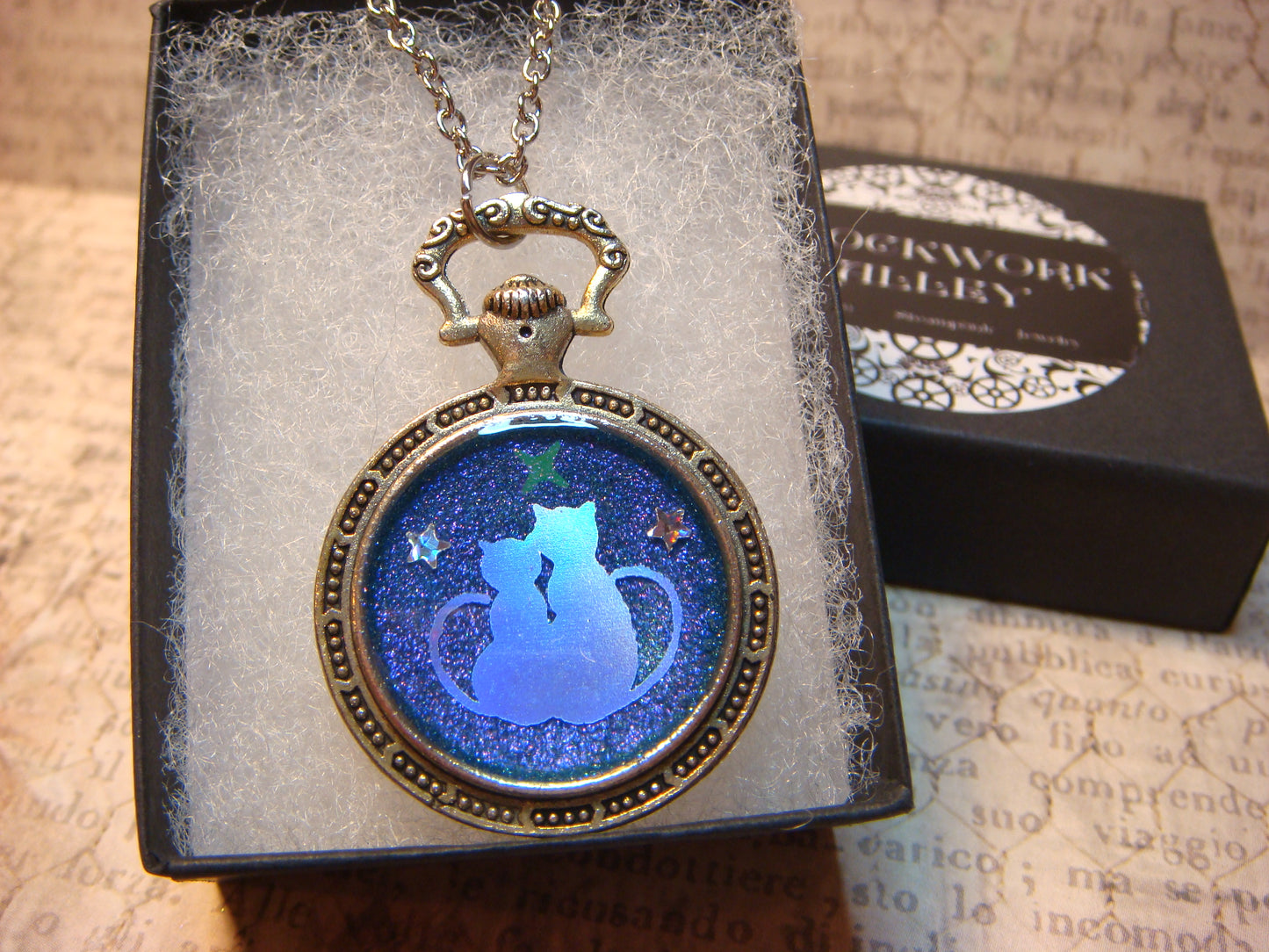 Snuggling Cats with Stars Pocket Watch Pendant Necklace