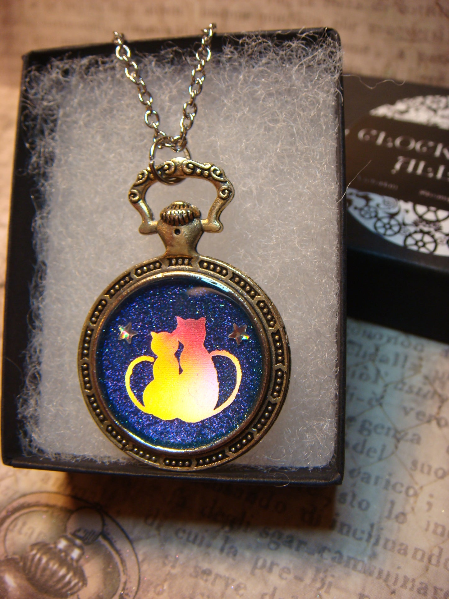 Snuggling Cats with Stars Pocket Watch Pendant Necklace