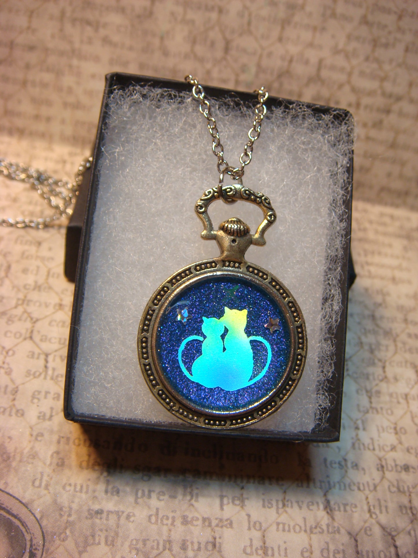 Snuggling Cats with Stars Pocket Watch Pendant Necklace