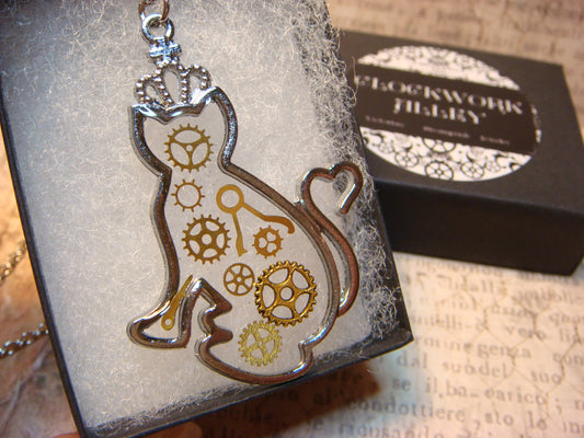 Cat with Gears Transparent Necklace