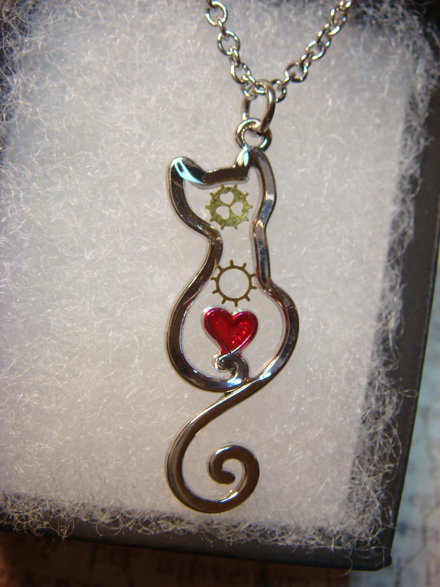 Cat with Heart and Gears Transparent Necklace